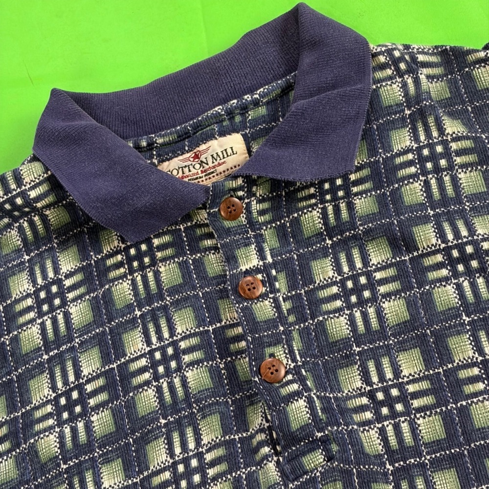 VTG 90s Cotton Mill Polo Mens XL Geometric Plaid Textured Knit 100% Cotton Shirt